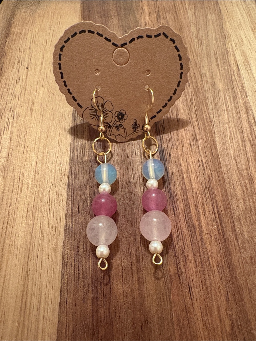 Handmade Pink Beaded Drop Earrings- Strawberry Quartz, Dyed Jade, White Opal